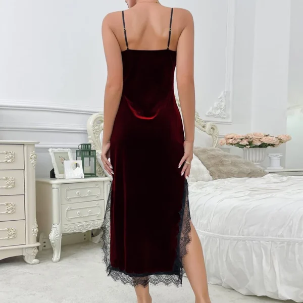 Ladies' Sexy Deep V-velvet Lace Long Suspender Home Nightgown - Image 8