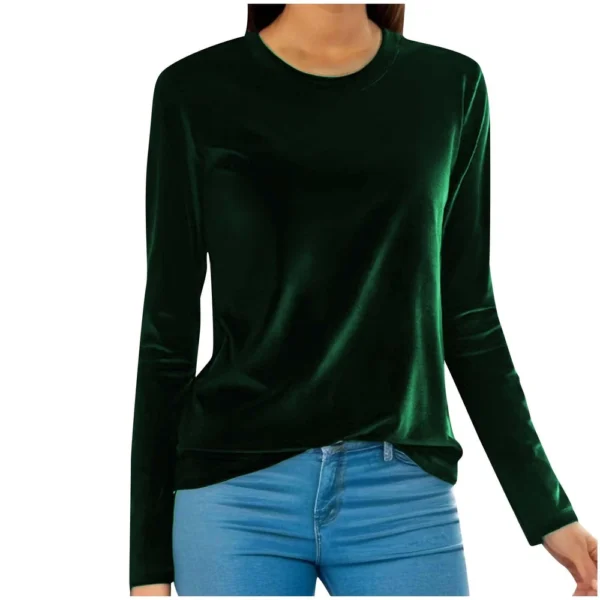Women's Fashion Golden Velvet Solid Colour Round Neck Long Sleeve T-Shirt Top - Image 13