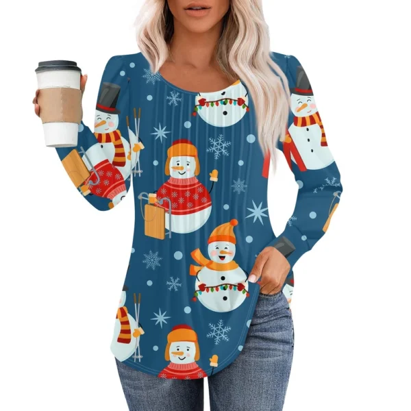 Women's Christmas Printed Top Round Neck Casual Pleated Long Sleeved T-Shirt - Image 14