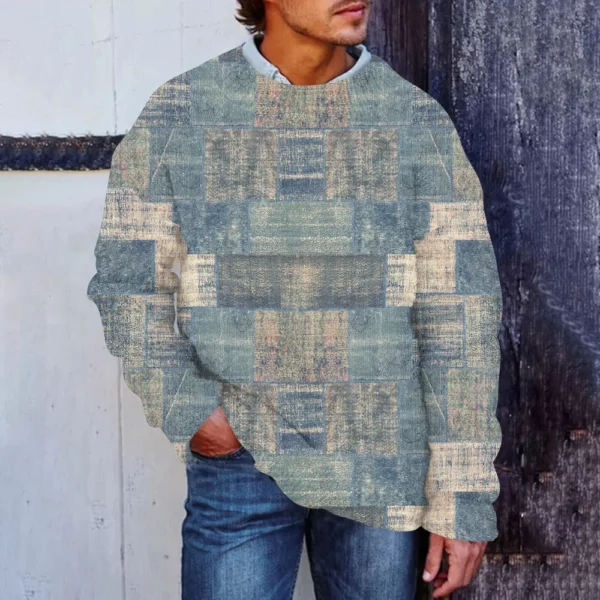 Men'S Printed Synthetic Sweater Round Neck Sportswear Loose Long Sleeved Top - Image 16
