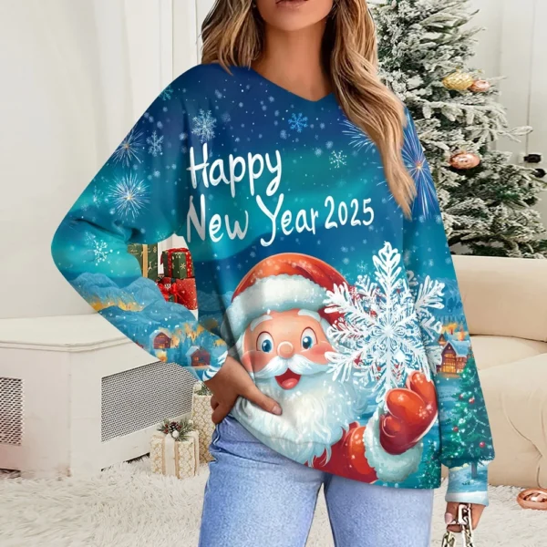 Women's Casual Fashion Comfortable Raglan Sleeve V-Neck Christmas Print - Image 31