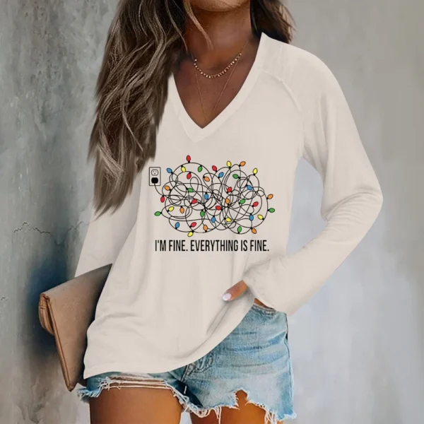 Women's Comfortable V-Neck Printed Long Sleeved Top Christmas Casual T-Shirt - Image 13