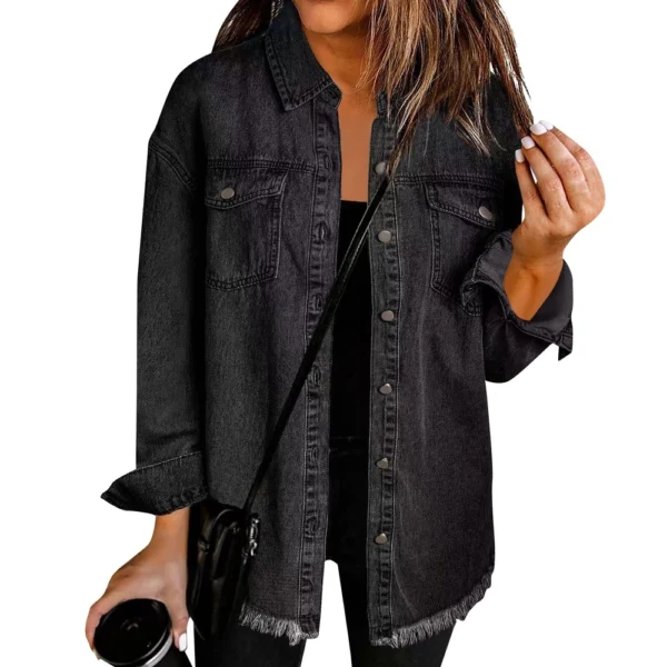 Women's Fashion Denim Shirt Jacket Milled Hem Button Casual Long Sleeve Jacket - Image 14