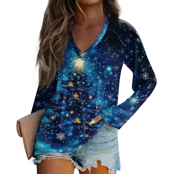 Women's Comfortable V-Neck Casual Long Sleeved Top Christmas Printed T-Shirt - Image 8