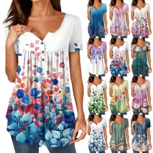 Women Tunic Tops Dressy Casual Summer Short Sleeve Shirts Loose Fit Pleated