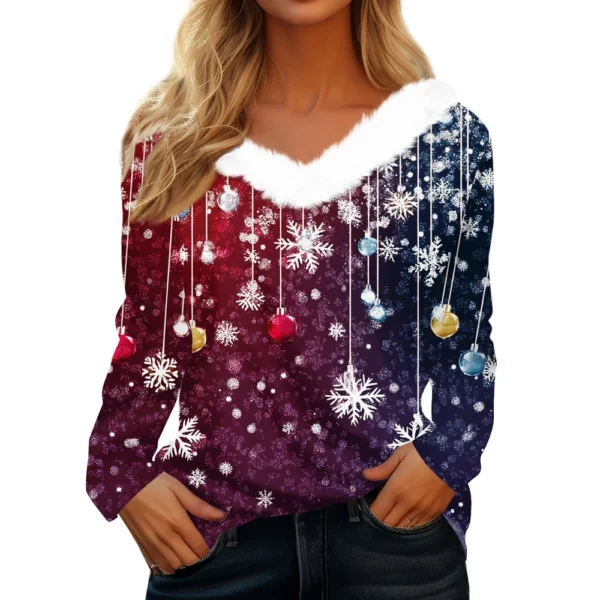 Women's Christmas Party V Neck T Shirt Fleece Collar Shirt Long Sleeve Top - Image 29