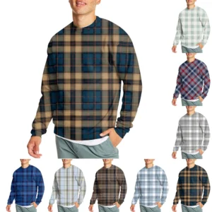 Men's Casual Fashion Comfortable Plaid Round Neck Pullover Sweatshirt Sweatshirt