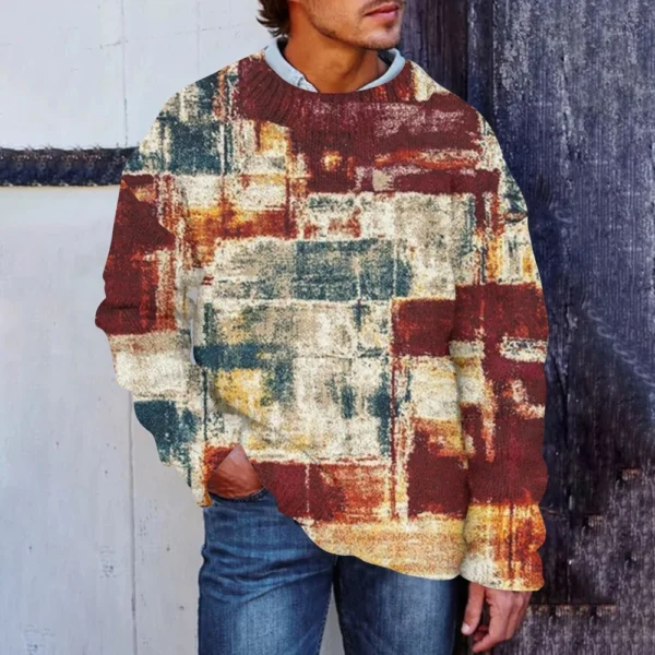 Men'S Printed Synthetic Sweater Round Neck Sportswear Loose Long Sleeved Top - Image 28