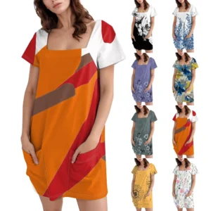 Women's Square Collar Short Sleeve Fashion Skirt Floral Print Pocket Casual