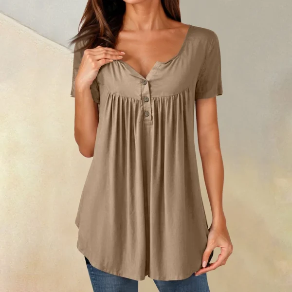 Women Tunic Tops Dressy Casual Summer Short Sleeve Shirts Loose Fit Pleated - Image 25