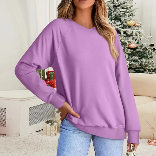 Women's Fashion Sweatshirt V-neck Long Sleeve Solid Color Casual Loose Pullover - Image 31