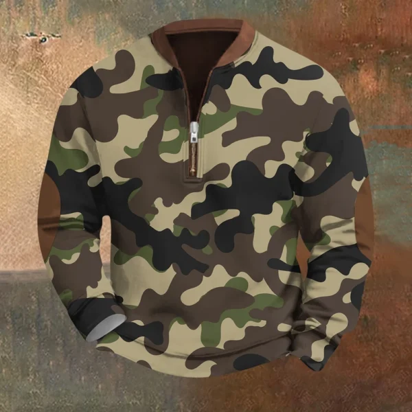 Men's Fashion Casual Half Zip Neck Loose Long Sleeve Camouflage Sweatshirt - Image 22
