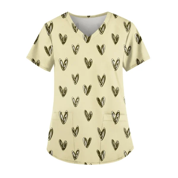 Women's Cute Printed Work Clothes V-neck Double Layer Pockets Basic Short - Image 58