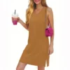Women's Casual Fashion Sexy V-neck Sleeveless Solid Color Hem Slit Dress - Image 8