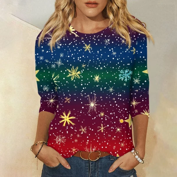 Ladies Loose Printed Casual T-Shirt Round Neck 3/4 Sleeve Christmas Women's Top - Image 22