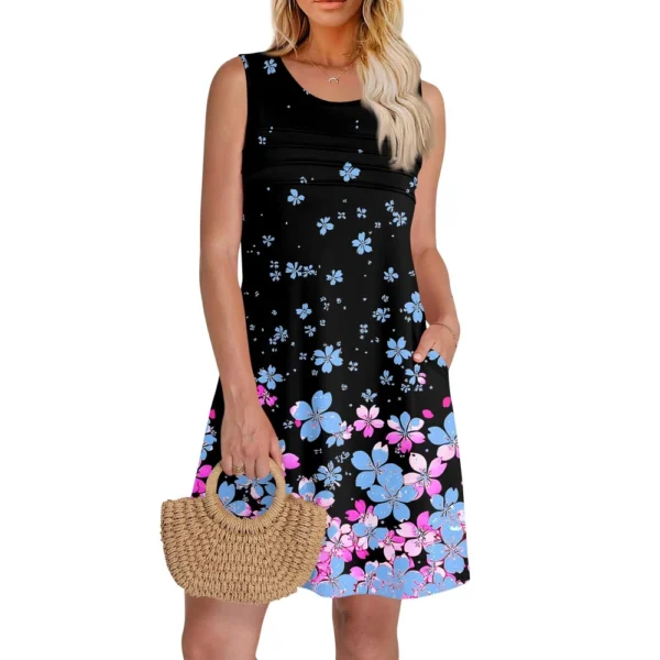 Women Summer Dresses CrewNeck Pleated Front Tank Sleeveless Pockets Sundress - Image 34