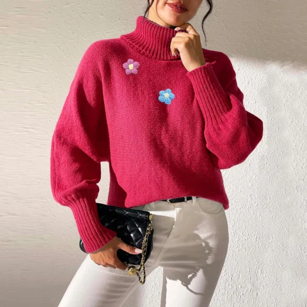 Women's  Fall And Winter Solid  Hand   Crochet Flower Splicing Turtleneck - Image 9