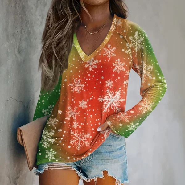 Women's Comfortable V-Neck Casual Long Sleeved Top Christmas Printed T-Shirt - Image 16