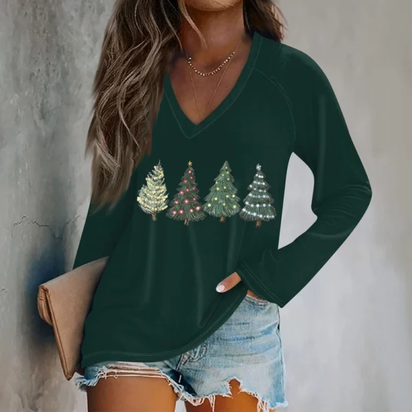 Women's Comfortable V-Neck Printed Long Sleeved Top Christmas Casual T-Shirt - Image 16