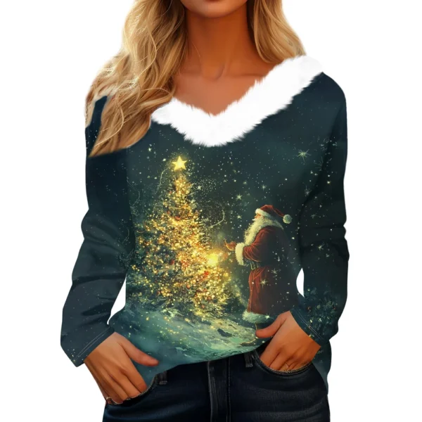 Women's Shirt V Neck Christmas Top Long Sleeve Party Fleece Collar T Shirt - Image 14