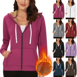 Lined Jacket Women Flannel Winter Warm Fleece Zip Up Hooded With Side Pockets