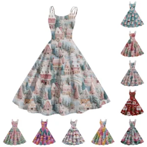 Women's Fashion Christmas Printed Sexy Strapless Gothic Cocktail Dress Punk,