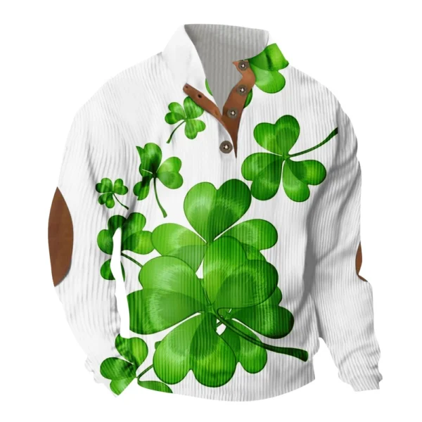 Knit Printed 3 Button - Corduroy Men's Standing Collar Pocket Sweatshirt - Image 3