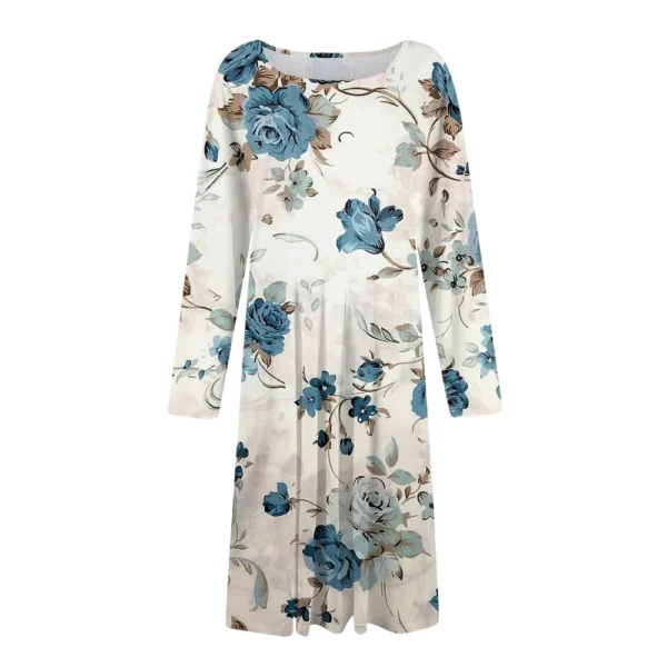 Women's Casual Fashion Round Neck Long Sleeve Print Midi Dress - Image 9