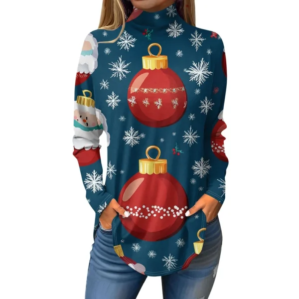 Women's Casual Pullover High Neck Christmas Long Sleeve Printed Fashion T-Shirt - Image 8