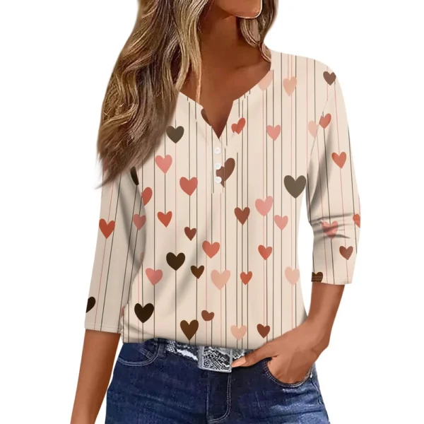 Women's T Shirt Tee Valentine's Day Print Button 3/4 Sleeve Daily Weekend - Image 23