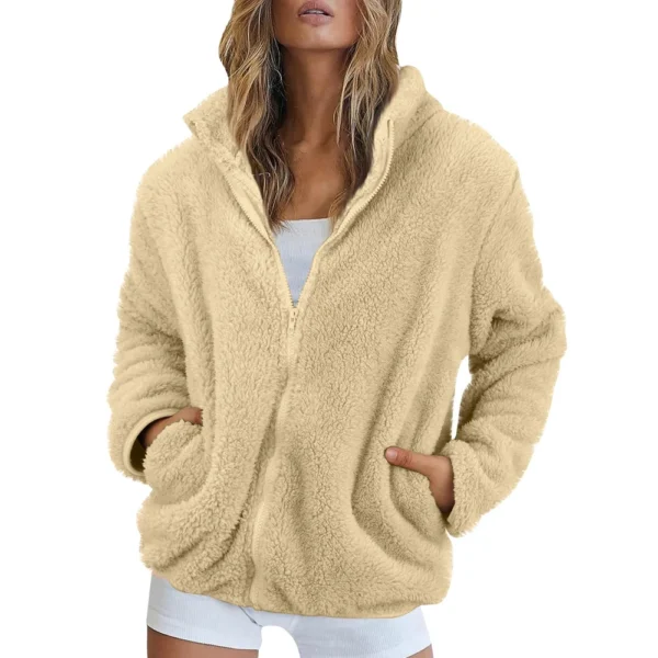 Women's Solid Color Loose High Neck Long Fleece Plush Warm Zipper Jacket - Image 26
