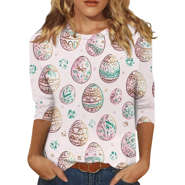 Women's Casual Fashion Easter Tops Plus Size Printed Basic 3/4 Sleeve Pullover - Image 6