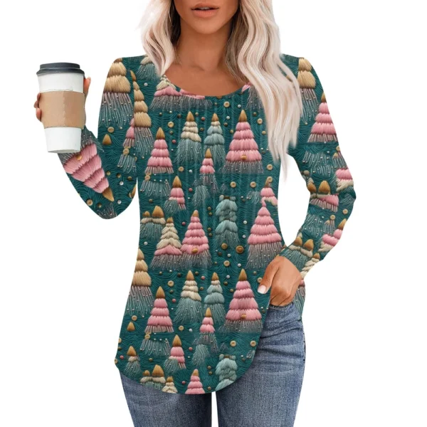 Women's Christmas Pleated Top Round Neck Casual Printed Long Sleeved T-Shirt - Image 37
