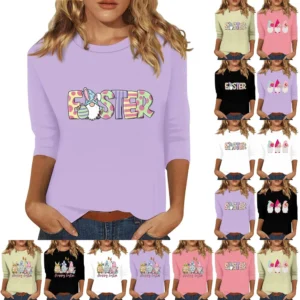 Women's Fashion Easter Casual 3/4 Sleeve Printed Basic Tops Plus Size Pullover