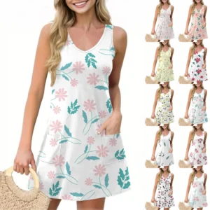 Women's Casual Summer Vest Dress With Pockets Floral Print V Neck Sleeveless