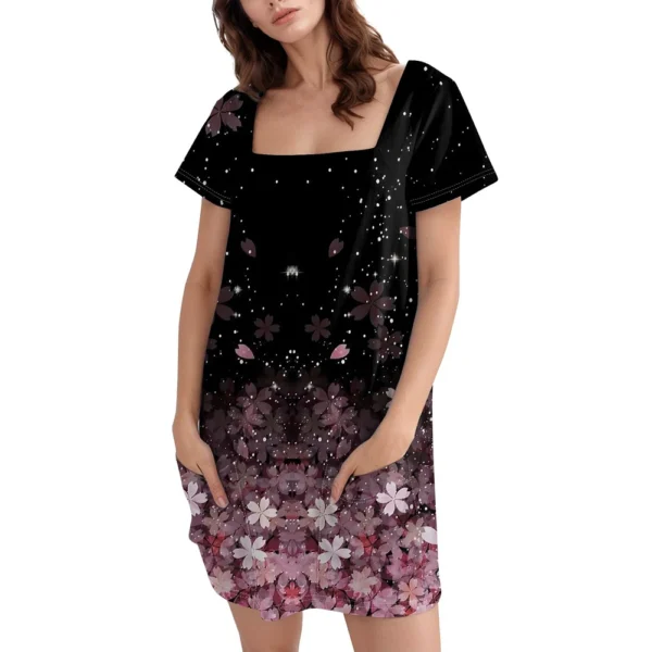 Women's Square Collar Short Sleeve Fashion Skirt Floral Print Pocket Casual - Image 4