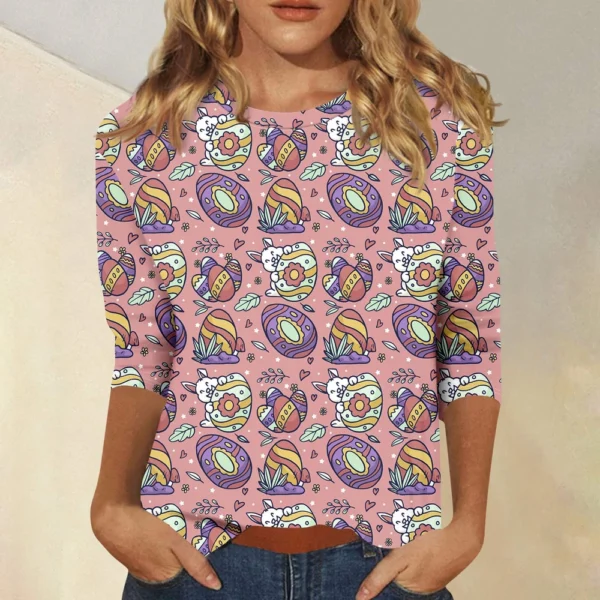 Women's Tops 3/4 Sleeve Casual Fashion Plus Size Basic Easter Printed Pullover - Image 16