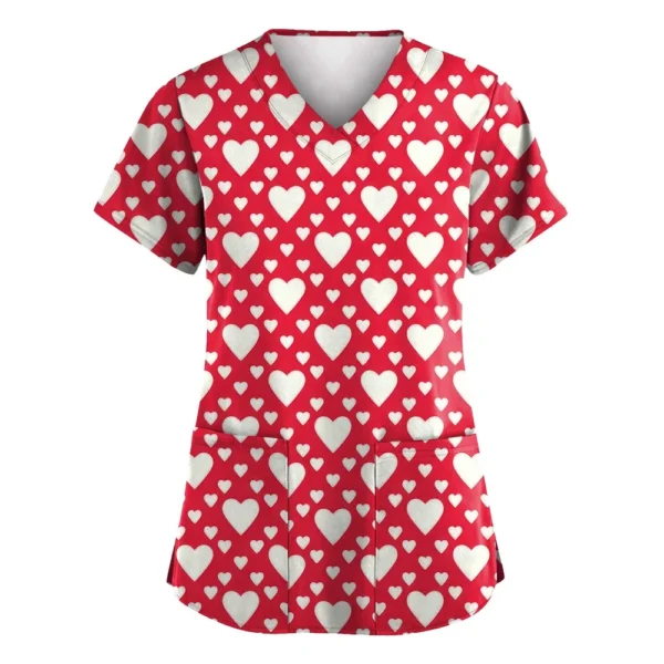 Women's Valentine's Day Printed  Uniform Work Uniform V-Neck Pocket Protective - Image 40