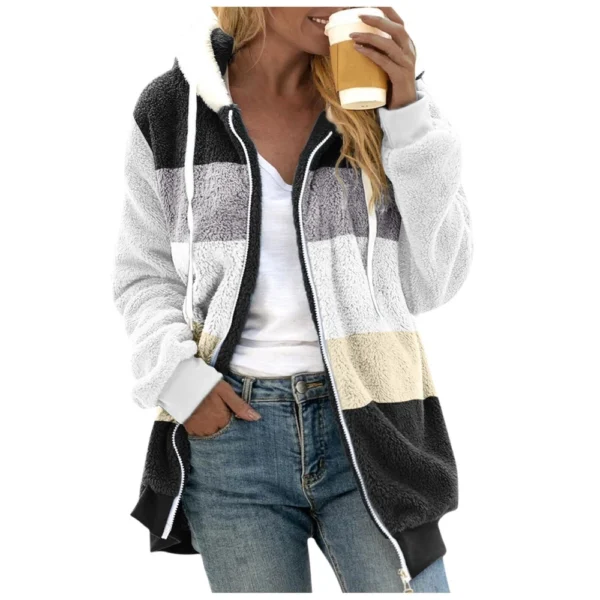Women's Fashion Stitching Loose Hoodies Long Sleeve Plush Zipper Coat - Image 6