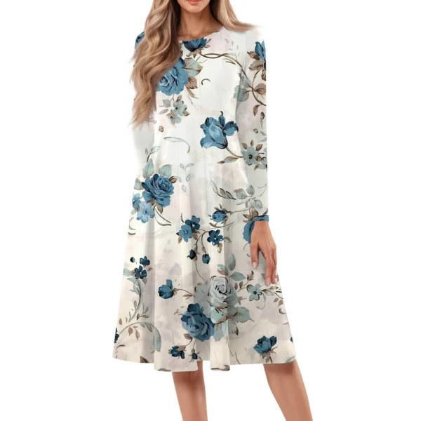 Women's Casual Fashion Round Neck Long Sleeve Print Midi Dress - Image 26