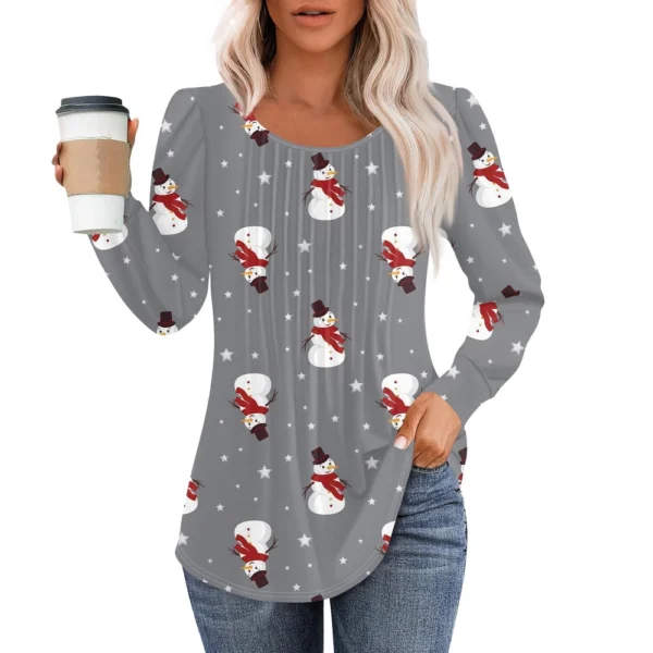 Women's Christmas Printed Top Round Neck Casual Pleated Long Sleeved T-Shirt - Image 20