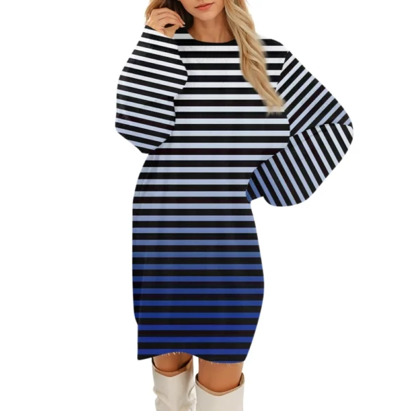 Women's Round Neck Casual Long Sleeve Plush Gradient Stripe Dresses - Image 37