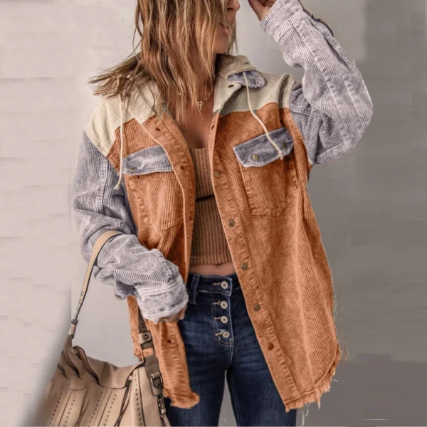 Women's Contrasting Splicing Double Pocket Hooded Jacket - Image 22