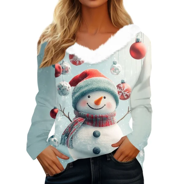 Women's Long Sleeve Christmas Printed Party Plush Neck Wide Casual V-Neck Top - Image 23