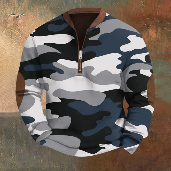 Men's Fashion Casual Half Zip Neck Loose Long Sleeve Camouflage Sweatshirt - Image 37