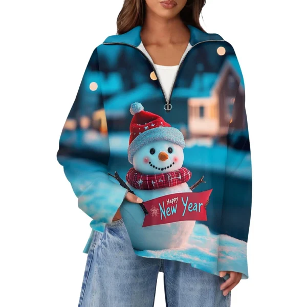 Women's Casual Half Zipper Lapel Christmas Printed Pullover Top Side Slit - Image 7