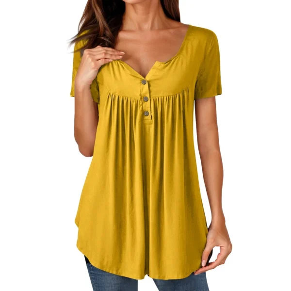 Women Tunic Tops Dressy Casual Summer Short Sleeve Shirts Loose Fit Pleated - Image 59