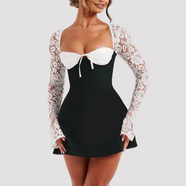 Women 's Elegant Lace Dress Lace Patchwork Long Sleeve Low Cut Dress Backless - Image 13