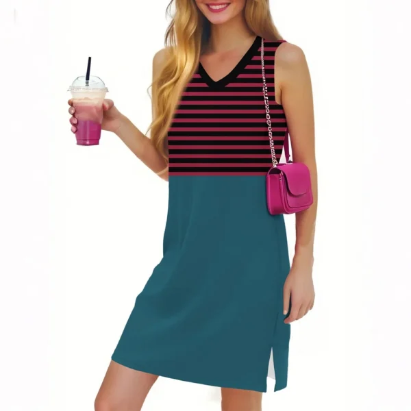 Women's Casual Fashion Sexy V-neck Sleeveless Striped Hem Slit Dress - Image 3