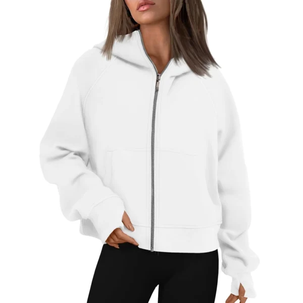 Women's Solid Color Zip-up Collar Hoodie With Sleeves And Fleece Hoodie Coat - Image 47